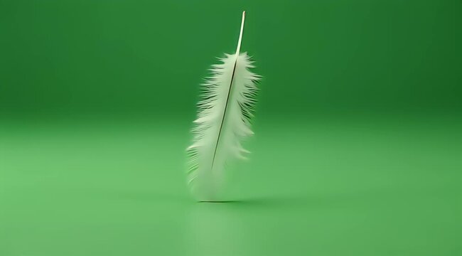 A delicate white feather stands upright on a smooth green surface