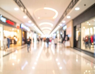 Fototapeta premium Blurred image of people walking through a bright, modern shopping mall interior.