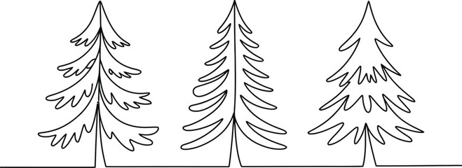 Continuous one line drawing of three pine trees minimalist forest evergreen vector illustration for natural winter mountain landscape logo design. © Sumaiya