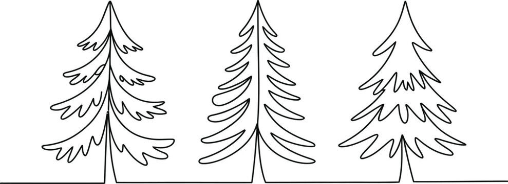 Continuous one line drawing of three pine trees minimalist forest evergreen vector illustration for natural winter mountain landscape logo design.