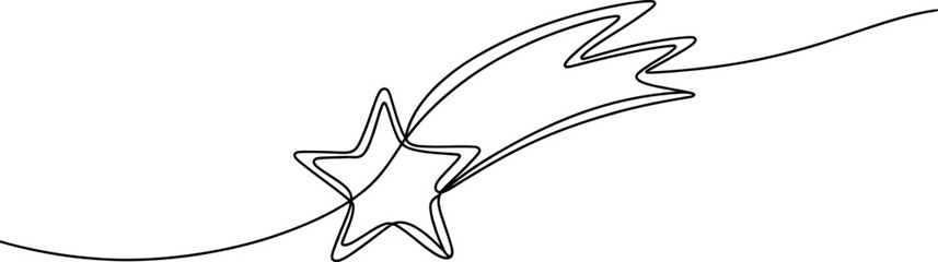 Single black line art illustration of a falling star or comet symbolizing magic hope celestial movement and linear graphic design. © Sumaiya