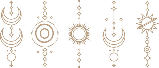 Bohemian celestial vector set featuring mystic moon phases and sun symbols with geometric sacred alchemy line art for spiritual branding. © Sumaiya
