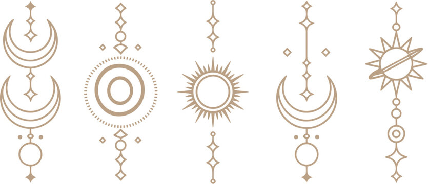 Bohemian celestial vector set featuring mystic moon phases and sun symbols with geometric sacred alchemy line art for spiritual branding.