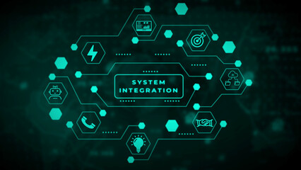 Obraz premium System integration network of interconnected in teal green against a dark, blurred circuit board background, representing technological connectivity, data flow, and complex system operations