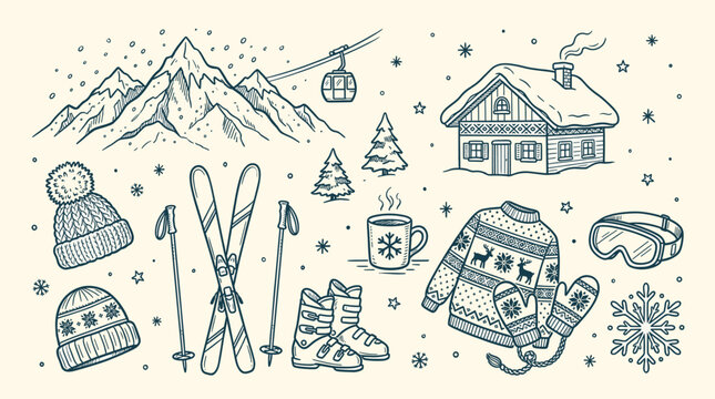 Winter sports and vacation illustration with ski equipment, snowflakes, mountains, and cozy cabin in a festive snowy scene with warm clothing and accessories.