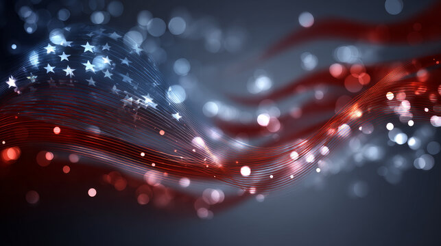 American flag and bokeh background with fireworks and copy space for Independence Day 4th of July and other holidays. Election Day in the USA. America Day. Festive Mood on President's Day