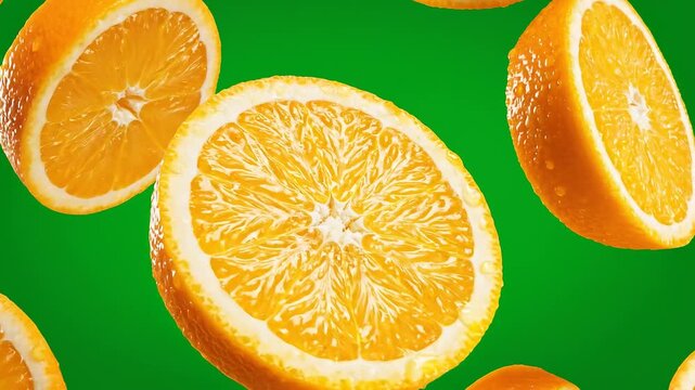 Group of fresh orange slices floating and rotating in the air on green screen background