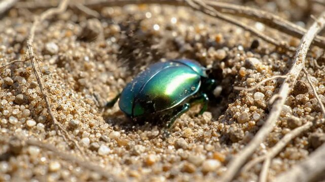 Close up view of a vibrant green iridescent beetle burrowing into the sandy ground with twigs