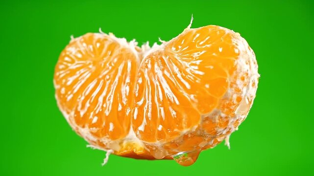 Macro of a peeled orange segment with juice droplets on green screen