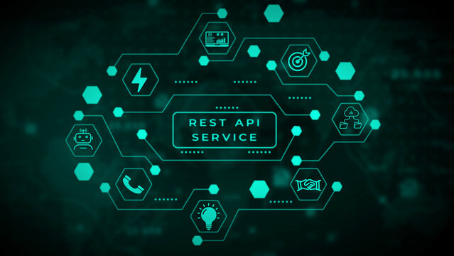 A detailed teal digital network diagram representing aRESTAPI service with interconnected hexagonal nodes featuring for technology business and communication on a dark green background with