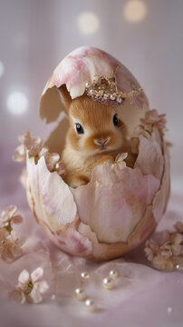 Easter festival rabbit bunny egg shell pearl crown flower pastel scene with gentle joy soft light bokeh background for spring holiday greeting and celebration