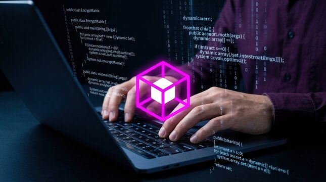 Data encryption, cybersecurity, programming, software development, coding, blockchain, network security expert typing on laptop with digital code and protective neon cube icon.