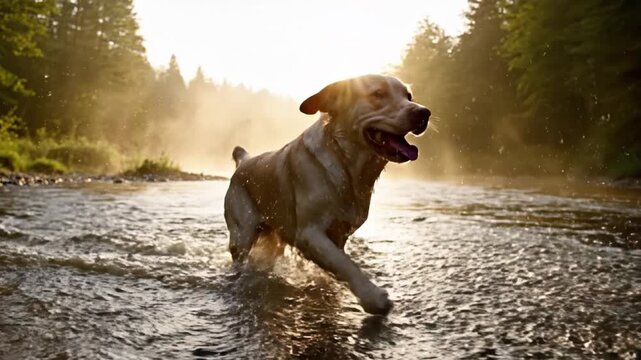 Golden retriever dog running green grass field sunset light happy pet outdoor walk summer nature canine portrait rural meadow tongue out warm sunshine joyful golden retriever dog playful energy