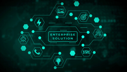 A digital network diagram with the central text ENTERPRISESOLUTION surrounded by hexagonal nodes depicting for technology business and communication in a dark teal green color