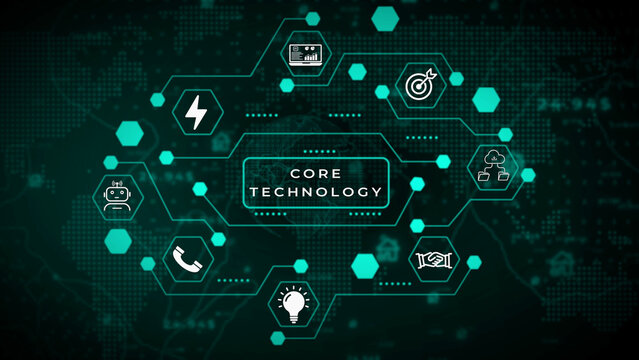 Abstract digital network diagram with central text CORETECHNOLOGY surrounded by hexagonal nodes and technology representing data analysis robot communication power lightbulb handshake