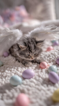 Easter festival kitten wing feather egg pastel carpet scene with fluffy tabby kitten resting under angel wings among colorful egg soft light cozy home holiday concept