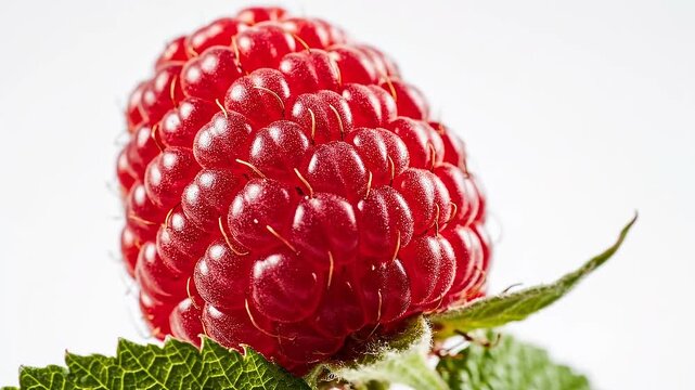 Close up of a fresh red raspberry with green stem isolated on white background