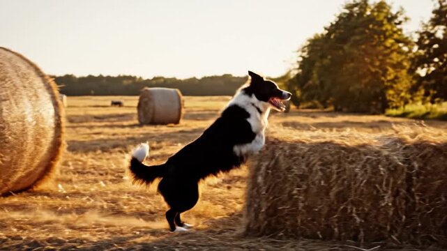 Happy border collie dog black white herding canine pet running through golden hay field at summer sunset, joyful farm animal enjoying outdoor freedom in peaceful rural countryside meadow landscape