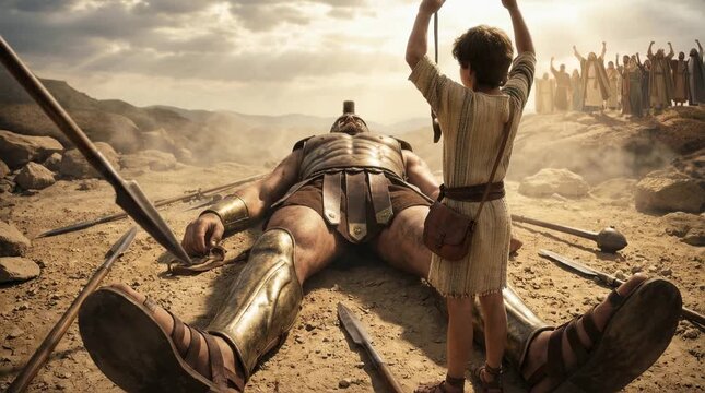 David and Goliath,  David Defeating the Giant Philistine Warrior with a Sling and Stone in the Valley of Elah While Israelite and Philistine Armies Watch