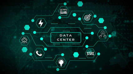 Futuristic digital network diagram with central text DATACENTER surrounded by hexagonal nodes and technology representing data analysis robot communication power lightbulb handshake and