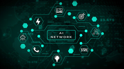 Obraz premium A digital network diagram illustrating artificial intelligence concepts with interconnected hexagonal nodes displaying for robot automation data analysis lightning bolt target handshake lightbulb