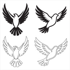 Obraz premium Minimalist black-and-white illustration of a dove in flight with wings spread wide, symbolizing peace, freedom, and spirituality. Perfect for use in cultural, religious, and artistic projects.