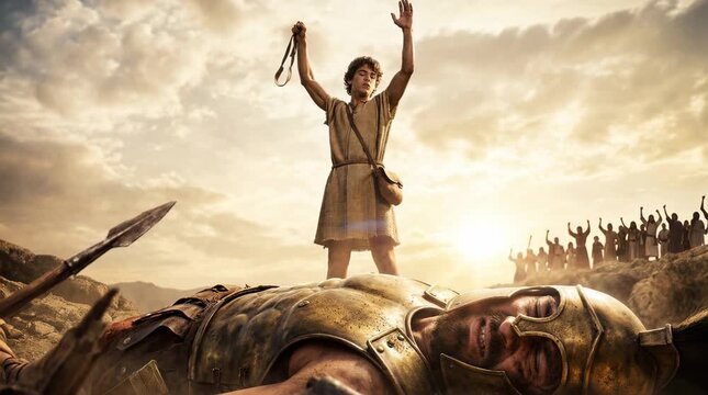 David and Goliath,  David Defeating the Giant Philistine Warrior with a Sling and Stone in the Valley of Elah While Israelite and Philistine Armies Watch