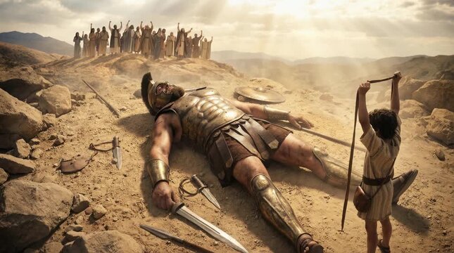David and Goliath,  David Defeating the Giant Philistine Warrior with a Sling and Stone in the Valley of Elah While Israelite and Philistine Armies Watch