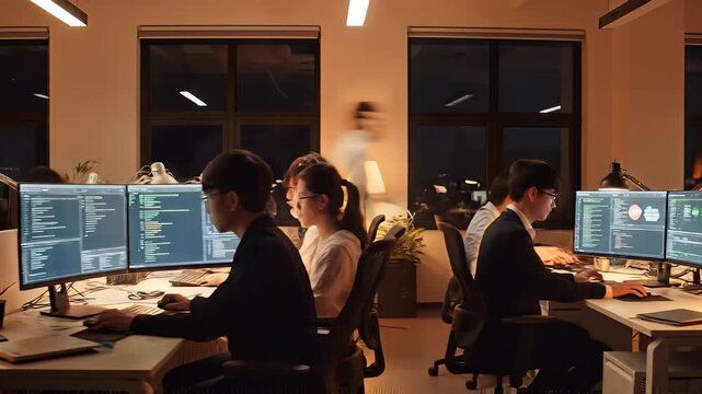 People working at computers in a modern office environment under warm overhead lighting