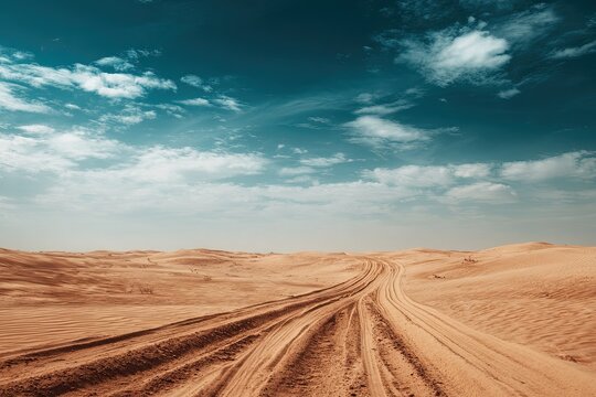 Vast desert landscape with winding tire tracks leading towards the horizon under a dramatic blue sky with scattered clouds.