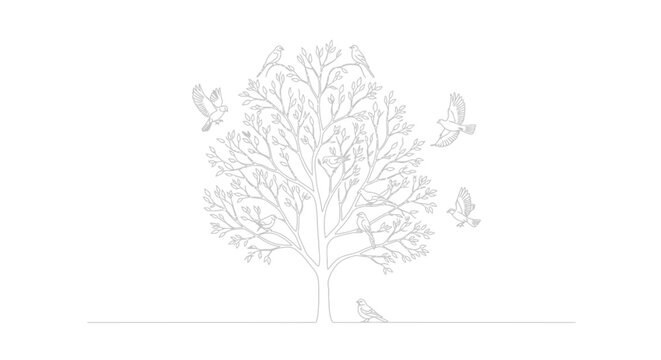Continuous Line Art Drawing of a Bare Tree with Birds Flying on an Isolated White Background, Minimalist Nature and Wildlife Illustration