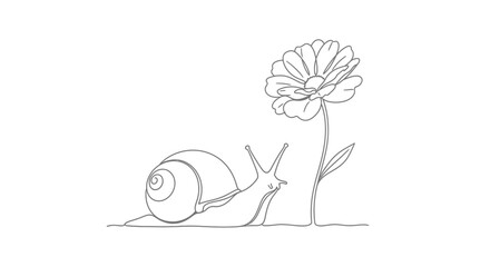 Snail slowly crawling past a blooming flower, nature sketch illustration on isolated white background © Zamiel