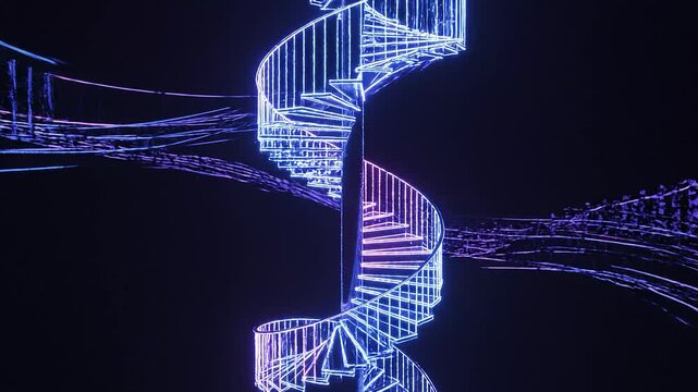 Abstract spiral staircase illustration with blue and purple neon lights