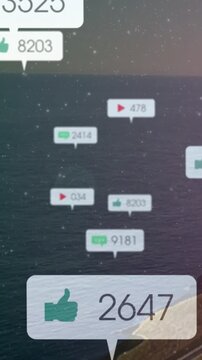 Vertical video: Likes data sparking floating thumbs badges pulsing over sea, showing social growth