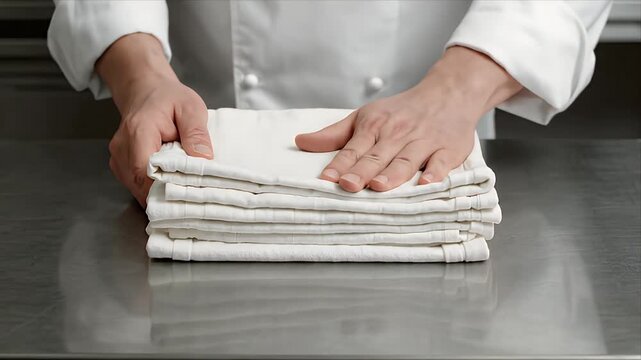 Chef in white uniform folding stack of clean white kitchen towels on stainless steel counter