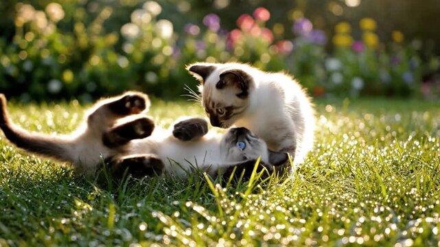Playful kitten sibling on grass in soft morning light with dew outdoor pet animal nature scene fluffy siamese two playful kitten on dewy lawn garden grass summer sunlight joyful animal nature play