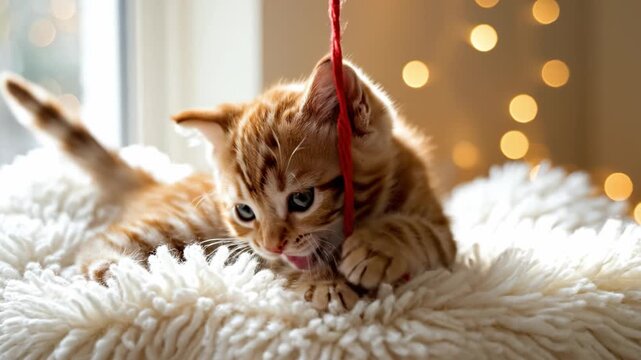 Playful kitten ginger cat with red string under white blanket in cozy home with warm soft light fluffy fur bokeh background cute indoor small animal chasing yarn