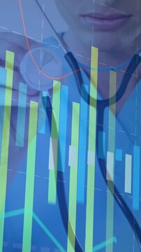 Vertical video: Doctor lifting stethoscope forward, starting medical HUD with bars, checking vitals