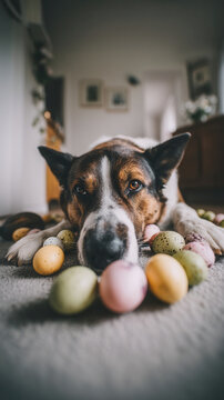 Dog easter egg festival pet indoor home pastel holiday spring scene with relaxed canine on carpet among colorful painted egg soft light cozy living room calm mood