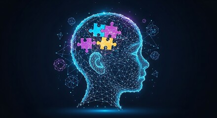 Obraz premium Futuristic Low Poly Wireframe Child Head with Puzzle Mind Concept for Autism Awareness and Neurodiversity