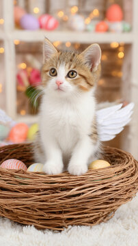 Kitten easter festival egg basket wing cute spring portrait in wicker nest with pastel decoration and warm bokeh light for holiday greeting card and seasonal background