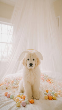 Puppy dog easter festival egg pastel bed canopy scene with fluffy golden retriever puppy sitting under sheer fabric with halo headband among colorful eggs soft morning light