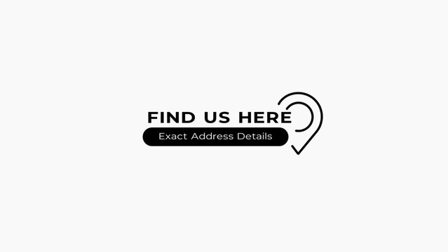 A white background is adorned with a minimalist black featuring the text FINDUSHERE and Exact Address Details next to a map pin signifying a precise location and providing detailed