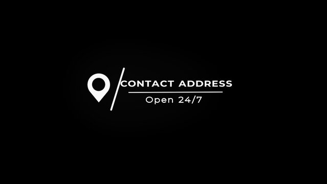 White location pin beside the text CONTACTADRES Open 24/7 displayed on a stark black background symbolizing constant availability and easy access to business information and services