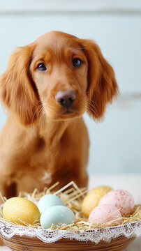 Puppy dog easter egg basket straw pastel portrait closeup with gentle expression beside colorful decorated shell egg for spring festival home background and copy space