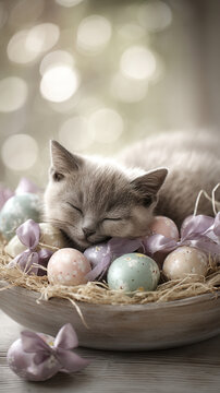 Sleeping kitten easter egg nest pastel ribbon spring in rustic bowl with straw and bokeh light background for easter festival holiday decoration and seasonal greeting card copy space