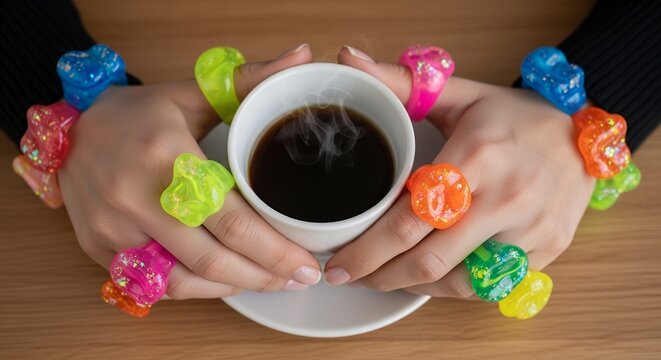 Person holding cup of coffee with colorful candis around it on wooden.