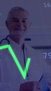 Vertical video: Senior doctor moving blue folder, reviewing medical results, green graph overlaying