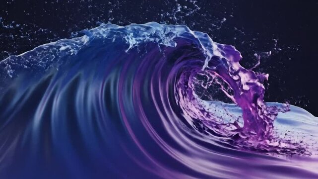 Mesmerizing ocean wave forms and crests with shimmering blue and violet colors against a dark background.