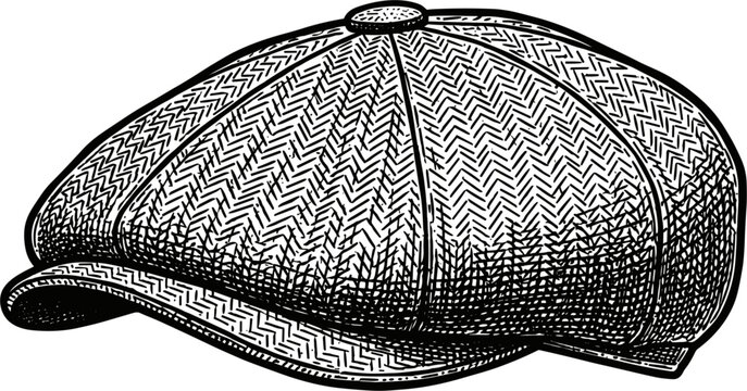 Herringbone Patterned Flat Cap with Button Detail and Brim